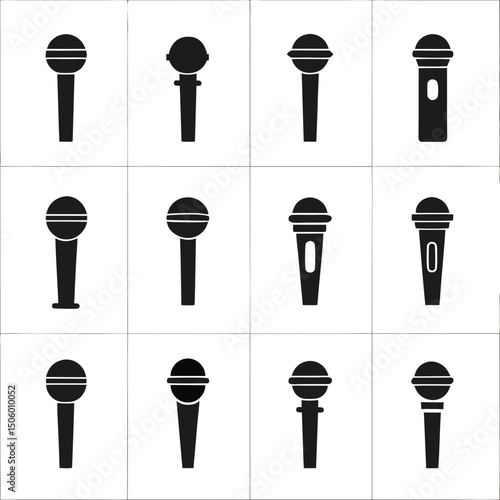 Collection of Microphone Icons in Black and White Presenting a Variety of Different Microphone Styles for Audio Recording