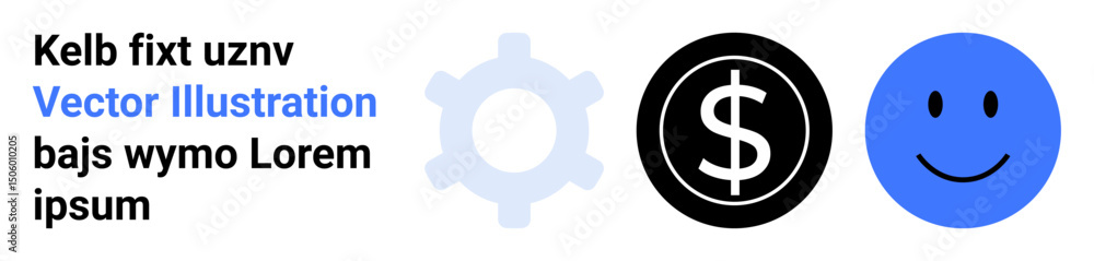 Fototapeta premium Gear, black dollar coin, and blue happy face suggest themes thumbs up teamwork, financial success, and happiness. Ideal for business, finance, positivity, productivity teamwork creativity simple