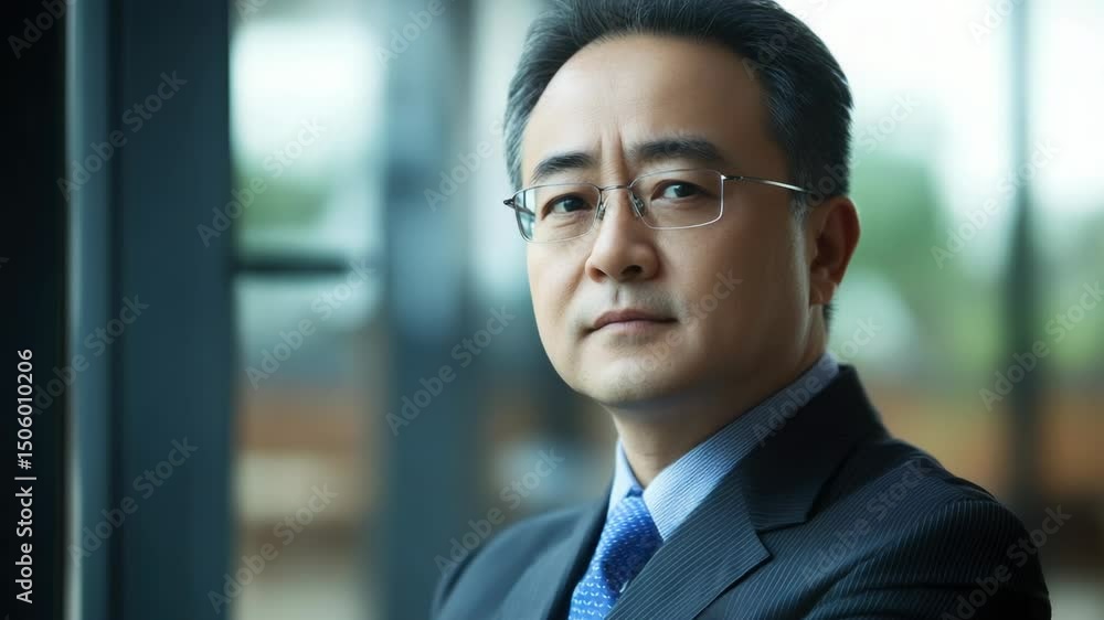 Confident businessman posing in modern office environment, looking towards the camera. Confident businessman posing in modern office environment, looking towards the camera.