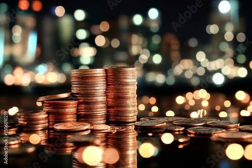 Coins Stacked on a Reflective Surface With Colorful City Lights in the Backgr...
