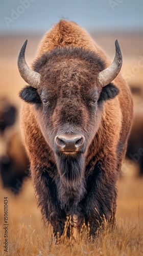Bison Herd Grazing in Open Grassland During Sunset in North America.