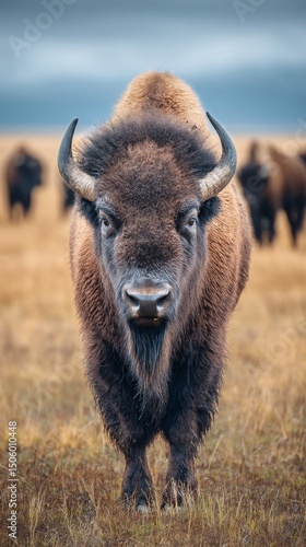 Bison Approaches Camera in a Golden Grassland During Early Morning Light.