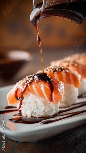 Delicious Salmon Sushi Drizzled With Savory Sauce on a White Plate.