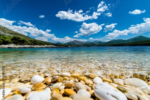 Crystal Clear Water Reveals Colorful Stones Beneath Sunny Skies in Scenic Coa...
