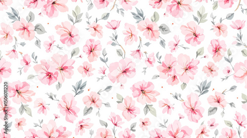 Watercolor background pattern pink flowers on white background