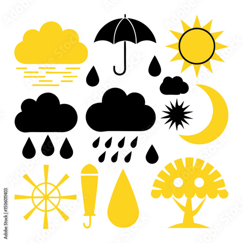 Weather Elements: An arrangement of stylized weather symbols features sunshine, clouds, rain, umbrellas, moon, and various natural elements in a vibrant yellow and black palette.