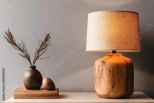 Elegant Lamp Beside Minimalist Vase and Wooden Decor in Modern Interior Livin...