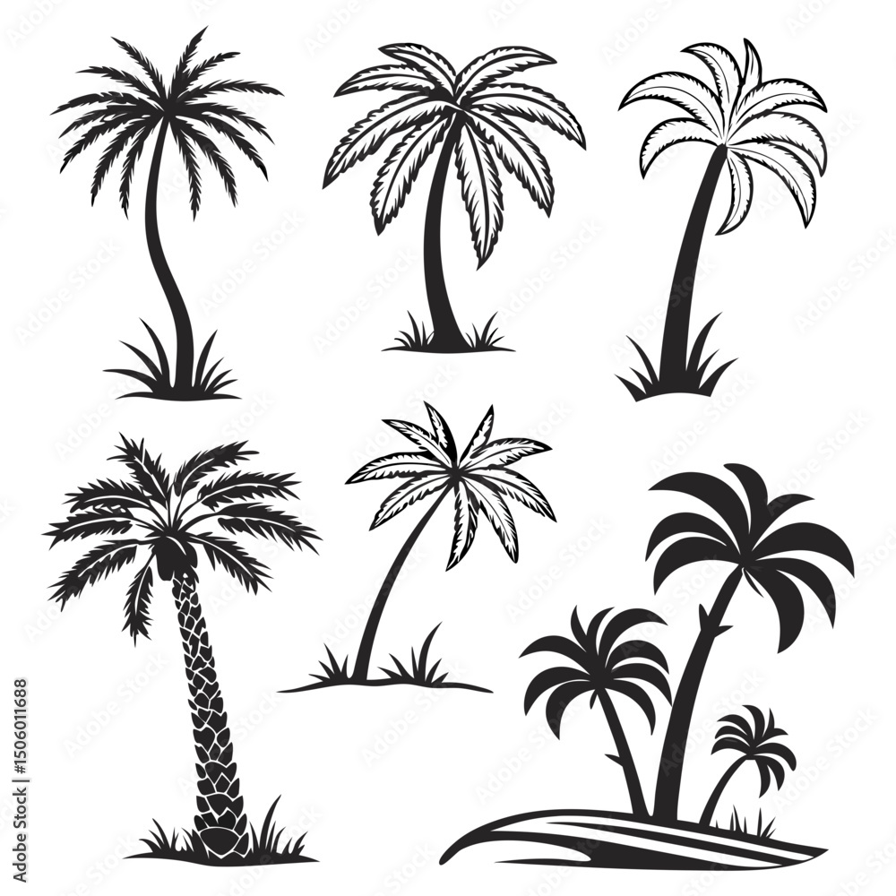 Fototapeta premium set of black silhouettes of a palm tree, silhouette of a palm tree isolated