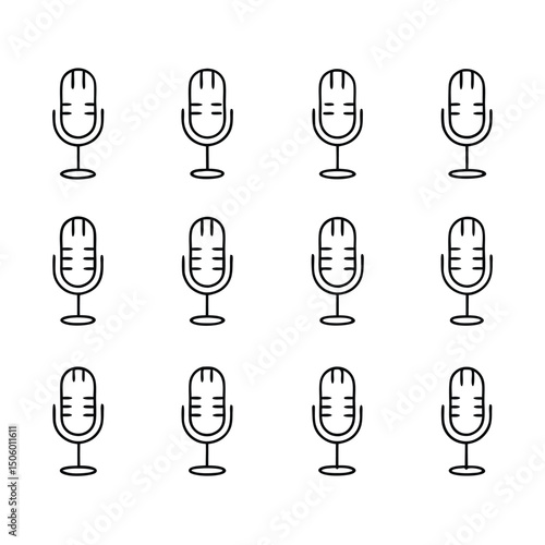 Repeating Pattern of Retro Microphone Icons in Black Outline on White Background for Podcast or Radio Designs