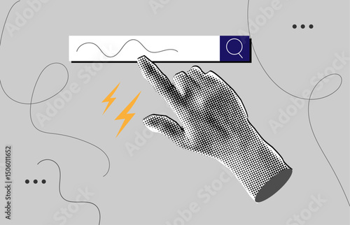 Hand with a finger touch on search bar halftone collage,trendy collage design elements,doodles