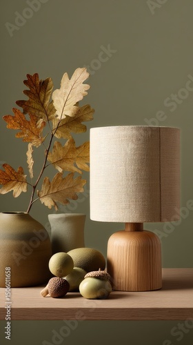 Warm Autumn Decor Featuring a Lamp and Natural Elements on a Wooden Table