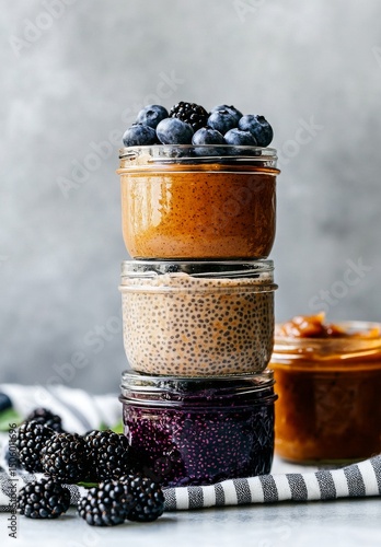 Tasty Layered Desserts With Fruits and Chia Seeds in Jars on a Striped Kitche...
