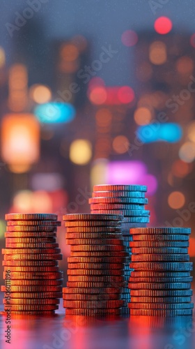 Stacks of Coins Illuminated by City Lights During Twilight in an Urban Setting