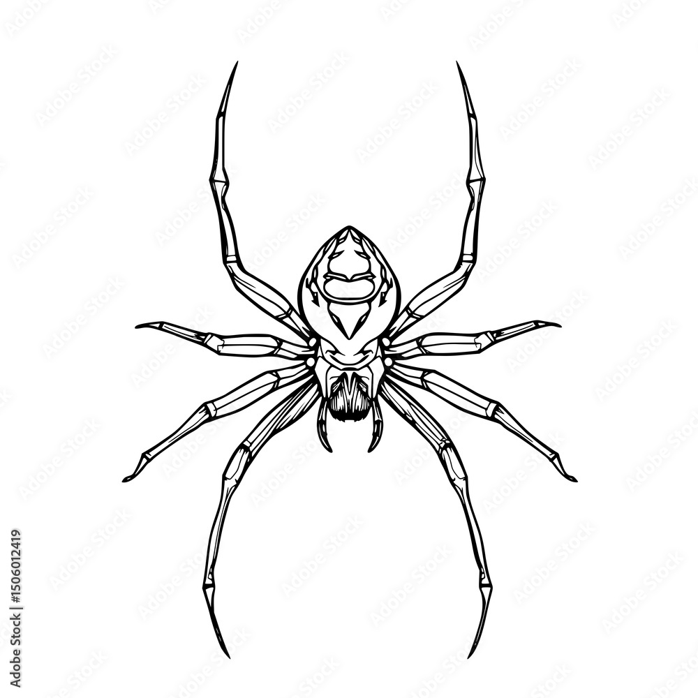 Obraz premium Spider Illustration: A detailed line art drawing of a spider, showcasing its intricate legs and body in a monochrome style, perfect for design projects.