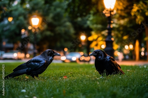 Two Black Birds Gather Near a Park Lamp on a Calm Evening With Streetlights G...