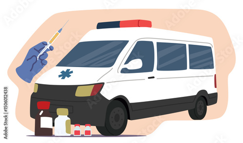 Ambulance car with first aid drugs kit, doctor hand holding syringe emergency service cartoon scene