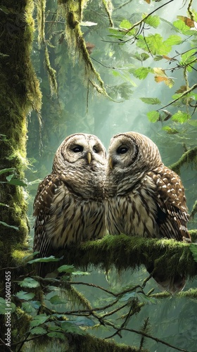 Two Owls Perched on a Mossy Branch in a Serene Forest During Daylight