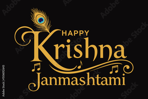 Krishna Janmashtami Typography Vector – Happy Janmashtami Design with Peacock Feather with black background .