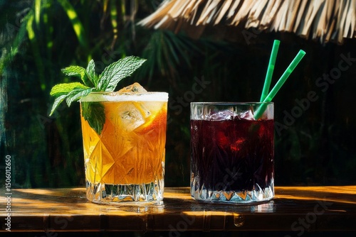 Refreshing Cocktails Served in Tropical Setting on Wooden Table During Sunny ...