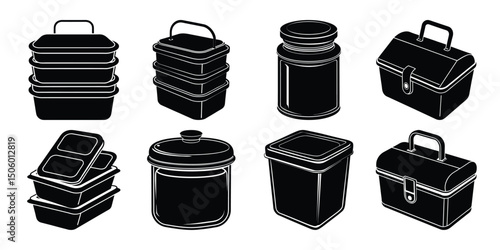 Silhouette set of stackable food storage containers, lunch boxes, and jars for meal prep and kitchen organization isolated on white background.