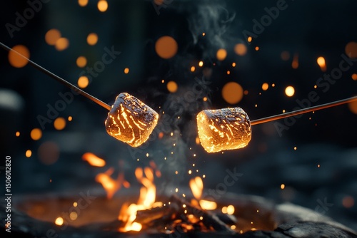 Marshmallows Roasting Over an Open Fire Under a Starry Sky During a Cozy Camp...