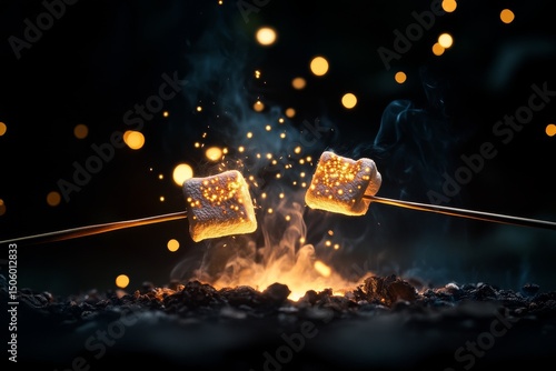 Perfectly Roasted Marshmallows Glow With Sparks During a Cozy Campfire Gather...
