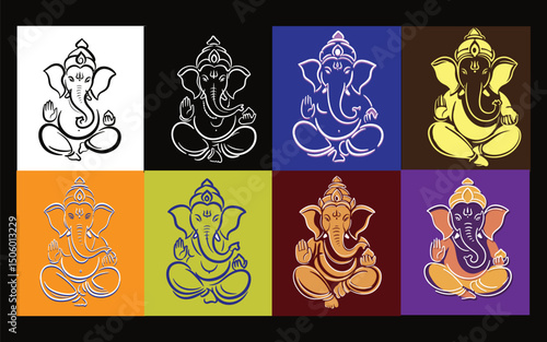 Minimalist Lord Ganesha Line Art vector  Set | Multicolor Hindu God Vector Bundle | Ganesh Clipart for Crafts .