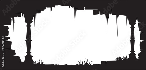 Silhouette Cave Entrance with Pillars and Grass