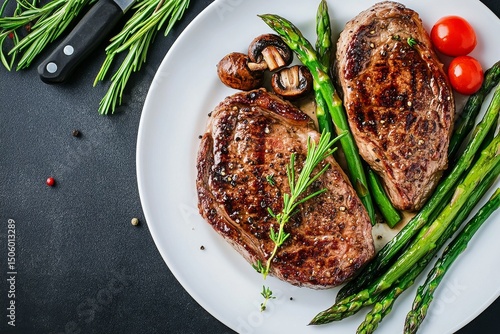 Succulent Grilled Steak Served With Fresh Asparagus and Mushrooms on a Rustic...