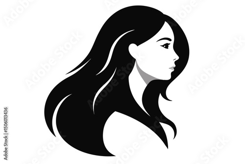 long dark flowing hair, female silhouette, minimalist black and white, elegant, high contrast, simple, graceful, alluring
