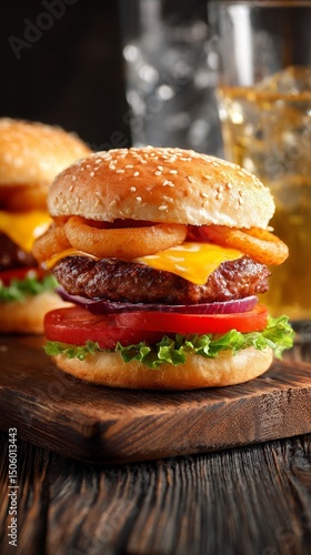 Savory Burger With Melted Cheese, Lettuce, Tomato, and Crispy Onion Rings on ...