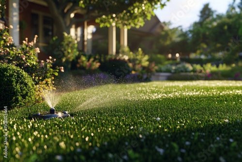 Sprinkler System Watering Lush Green Lawn in Residential Garden During Sunny ...
