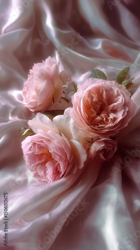 Delicate Pink Roses Arranged Beautifully With Soft Fabric in a Close-Up Setting.