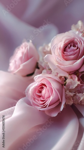 Delicate Pink Roses Arranged Beautifully With Soft Fabric in a Close-Up Setting