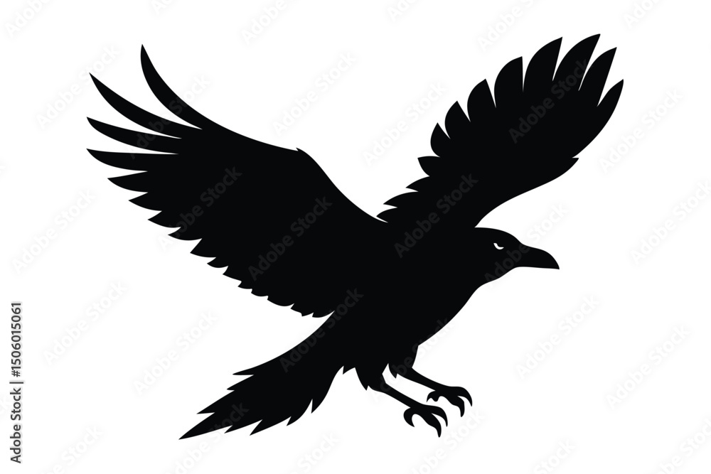 Fototapeta premium raven in flight, high-contrast black and white silhouette, photorealistic, highly detailed, sharp focus, epic scale, dramatic lighting, cinematic composition 