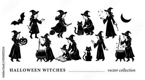 Witch Broom Cat Silhouette Halloween Vector Spooky Set Witchcraft Broomstick Woman Isolated Party Character Collection