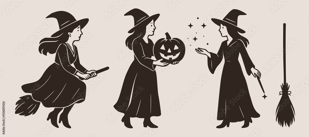 Witch Broom Silhouette Halloween Vector Spooky Set Witchcraft Broomstick Woman Isolated Party Character Collection Witch Broom Silhouette Halloween Vector Spooky Set Witchcraft Broomstick Woman Isolated Party Character Collection