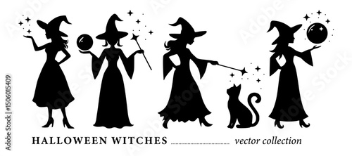 Witch Silhouette Halloween Vector Spooky Set Witchcraft Woman Isolated Party Character Collection