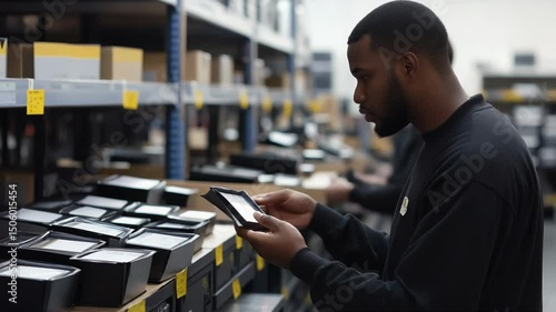 Focused worker inspecting products in a warehouse for quality control.