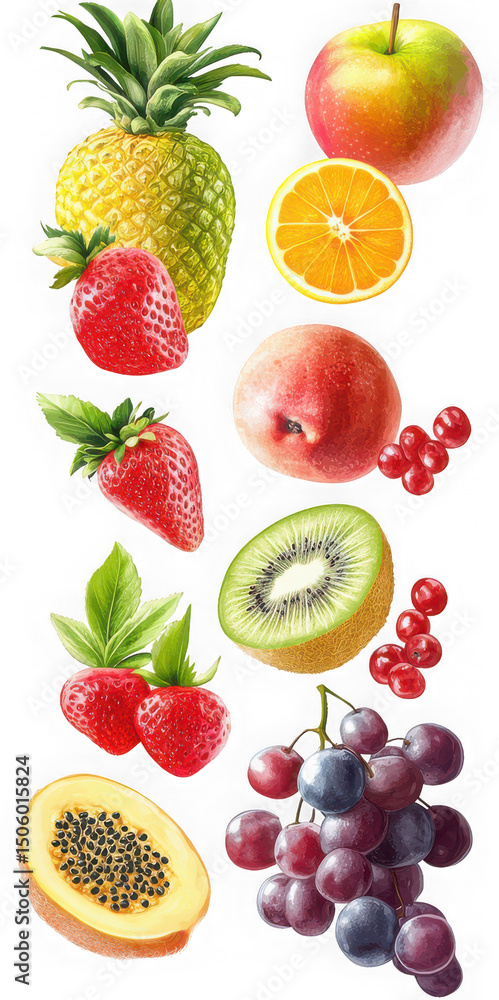 Assortment of Fresh Fruits Pineapple Apple Strawberries Grapes Kiwi and Orange on transparent background Assortment of Fresh Fruits Pineapple Apple Strawberries Grapes Kiwi and Orange on transparent background