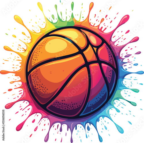 Basketball splash in rainbow color : A vibrant basketball encircled by a kaleidoscope of colorful paint splatters. It is an artwork of sporty aesthetics and playful energy. 