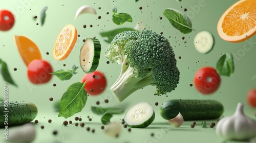 Whimsical dance of fresh fruits and vegetables in midair