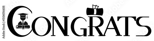CONGRATS icon isolated over white (transparent) background; concept of black graduation congratulation sign