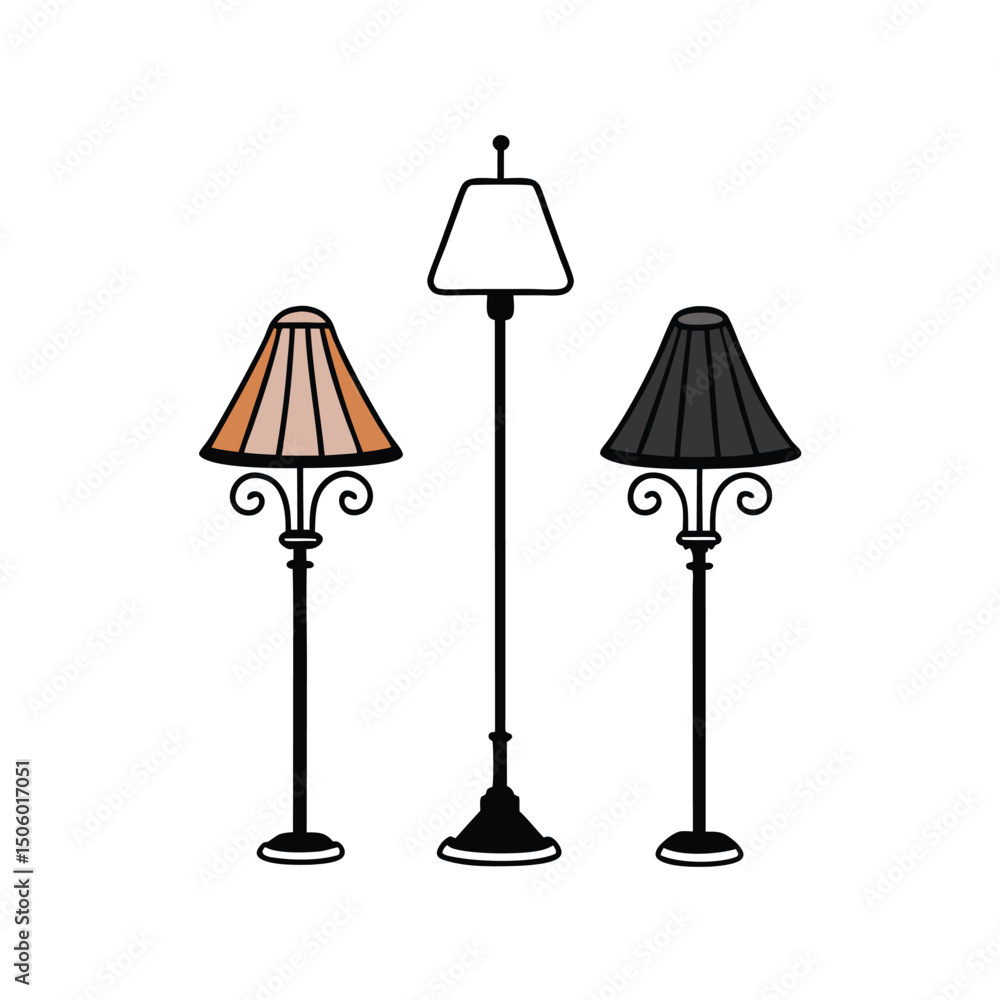 Obraz premium Three Standing Lamps with Different Lampshades Decorative Lighting Interior Design Elements Home Decor Vector Illustration Isolated on White Background