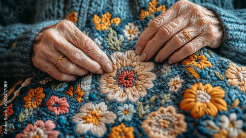 Intricate embroidery artwork showcasing the peaceful and creative hobby of retirees, highlighting detailed needlework and traditional craftsmanship in a cozy setting.