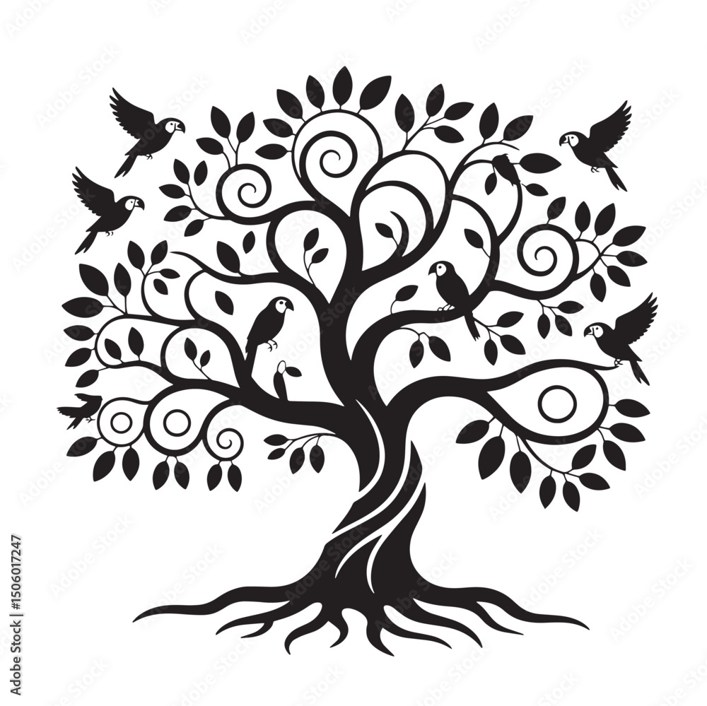 Fototapeta premium Decorative Tree Silhouette with Parrots – Nature and Wildlife Vector Illustration