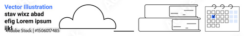 Cloud representation, stacked files, and calendar for digital storage, task planning, business workflow, data management, time organization, productivity boost, simple landing page