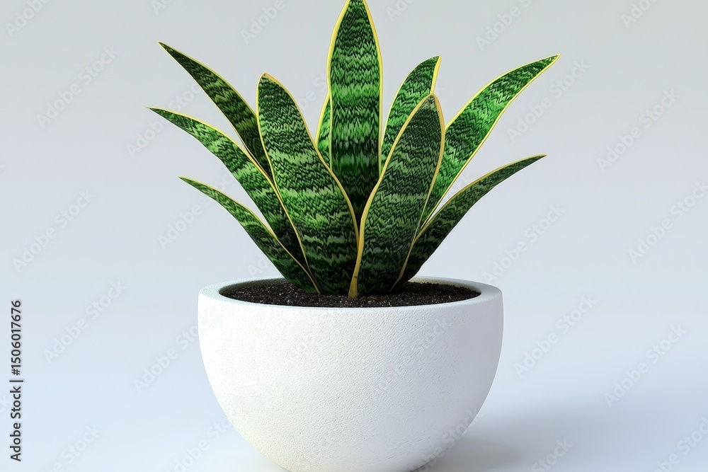 3D Render Sansevieria trifasciata in White Pot, Minimalist Composition, Indoor Plant, Green and Yellow Foliage Sansevieria, Houseplant 3D Render Sansevieria trifasciata in White Pot, Minimalist Composition, Indoor Plant, Green and Yellow Foliage Sansevieria, Houseplant