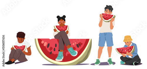 Trendy fashion teenage children cartoon characters eating watermelon snack isolated set on white