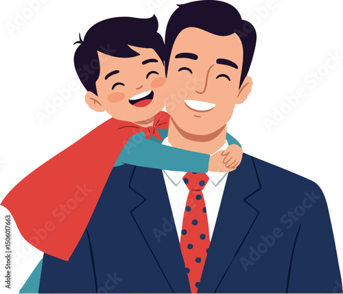 Father and son happy embrace with red cape joyful family bonding vector illustration 